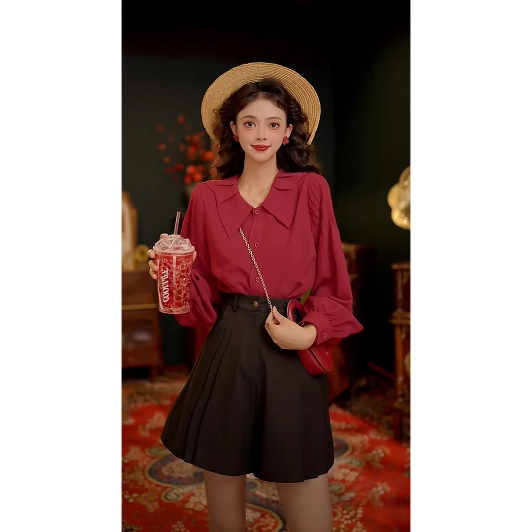 扣子家【余晖】港风复古早秋长袖短袖衬衫女百搭上衣KU0824085