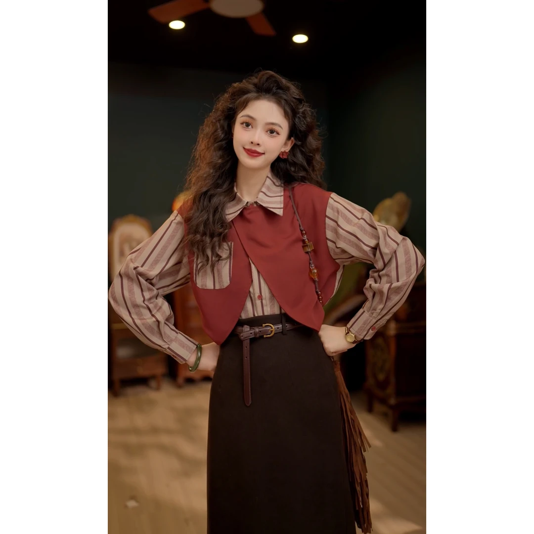 扣子家【草莓威化】港风复古条纹长袖衬衫女宽松百搭上衣KN0824191