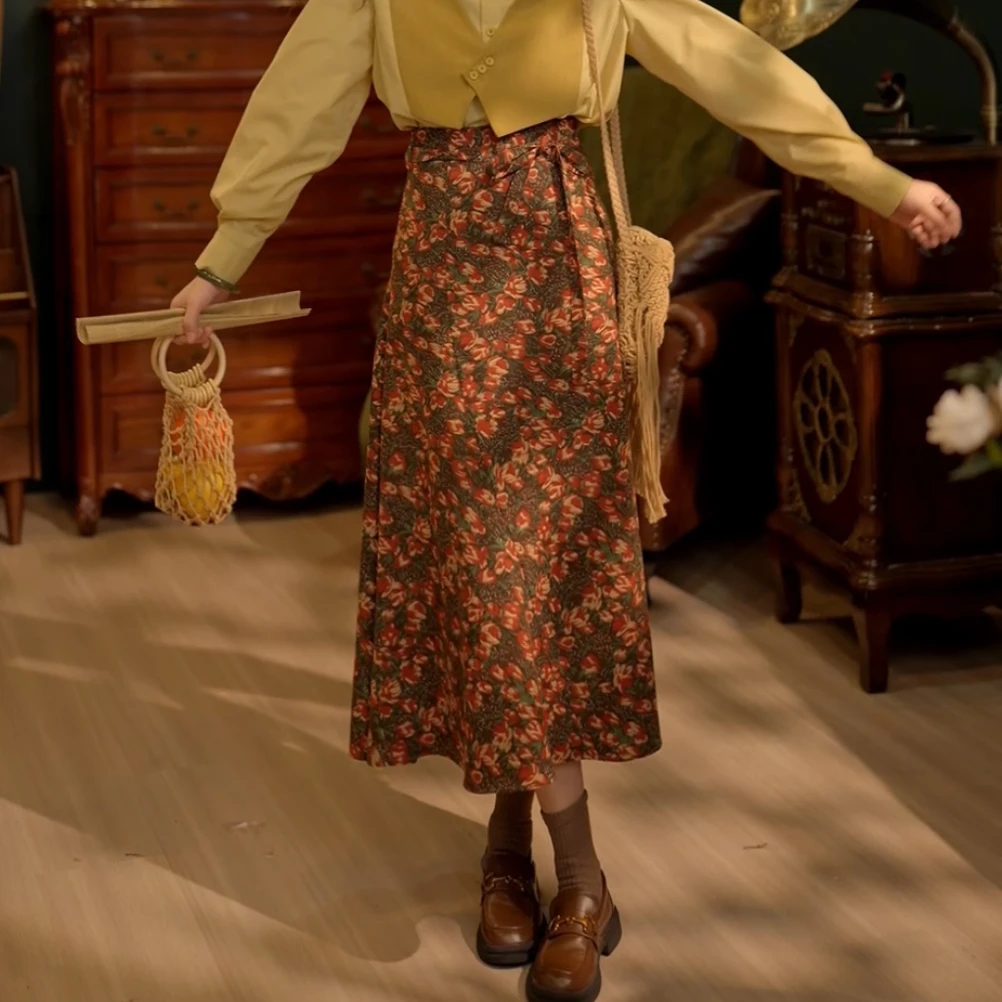 扣子家【深海秘境】港风复古碎花半身裙高腰长裙子KW0924062