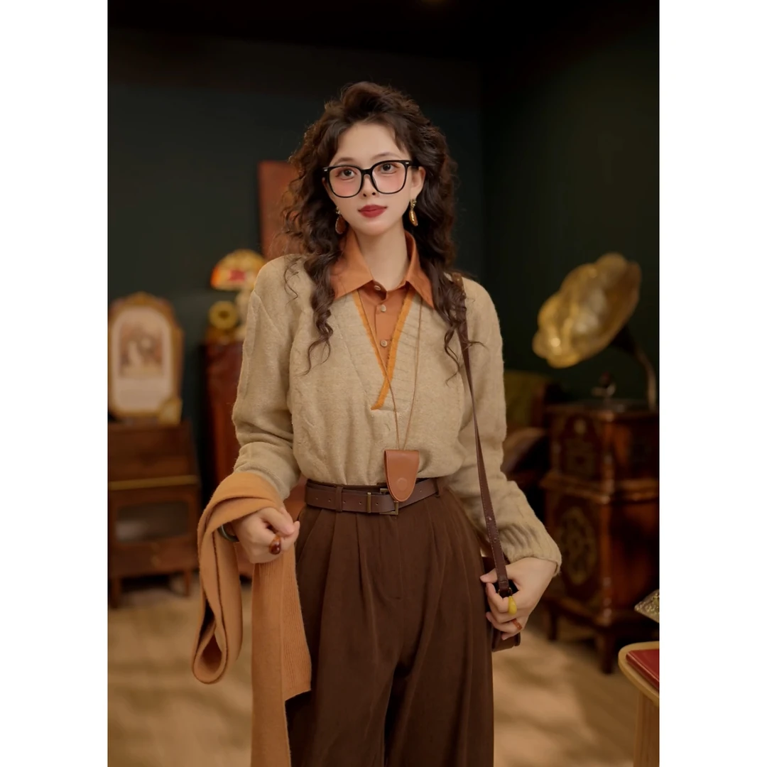 扣子家【月如昼】港风复古假两件衬衫女宽松显瘦上衣KS1114034