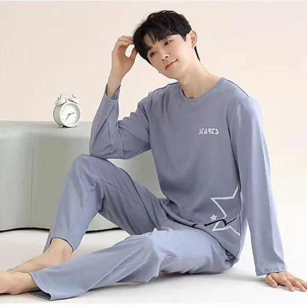 2024年春秋季新款男士纯棉睡衣圆领韩版简约宽松大码家居服套装