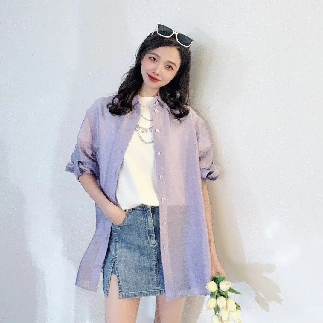 GIRDEAR/哥弟哥弟春装新品薰衣草紫百搭显瘦防晒衬衣1300898