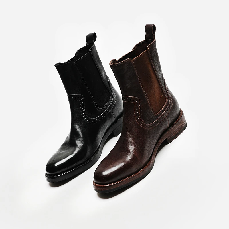 【kuurcce】手工定制短靴水洗马皮切尔西女靴一脚蹬复古中跟女靴Y