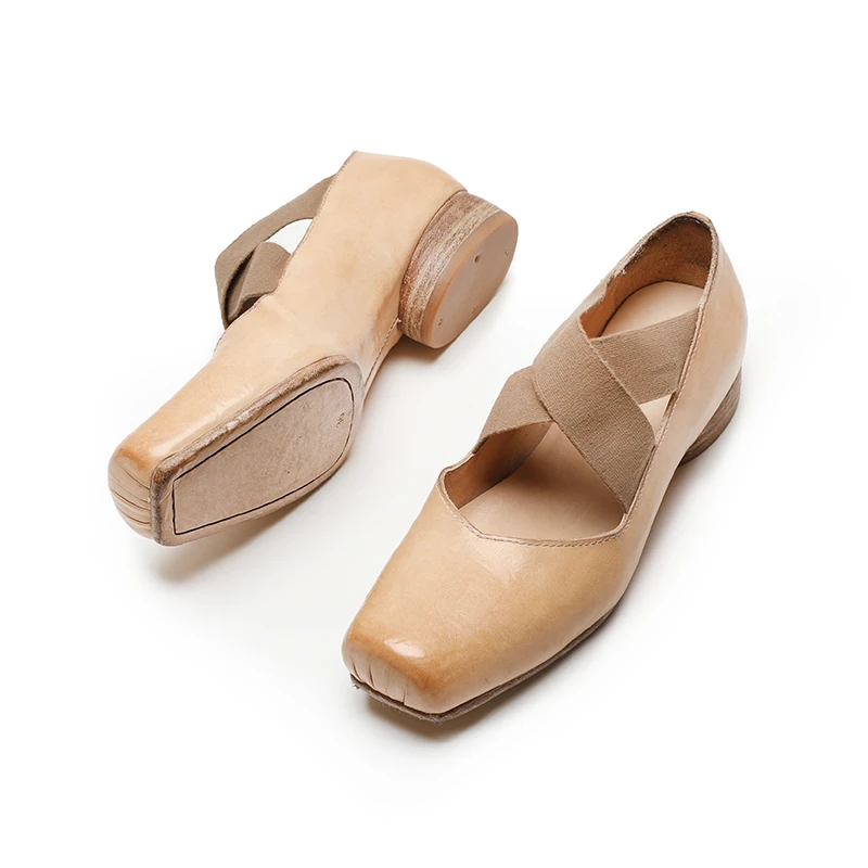 kuurcce夏季女鞋芭蕾舞鞋绑带鞋复古手工女鞋水洗马皮鞋猪鼻鞋