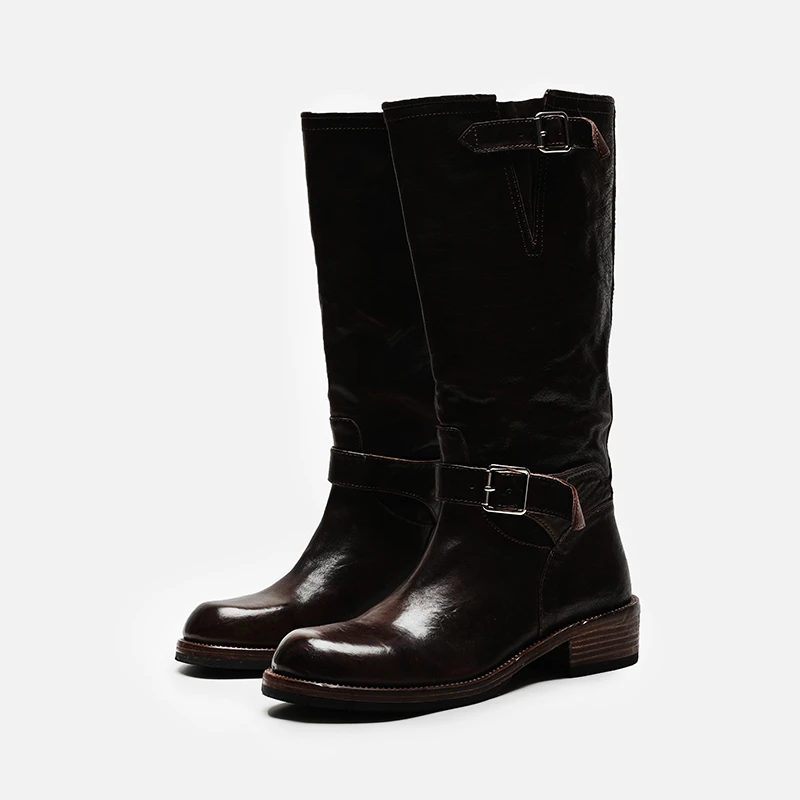 【kuurcce】新款长靴女鞋骑士靴厚底显瘦水洗马皮高筒靴马丁靴女Y