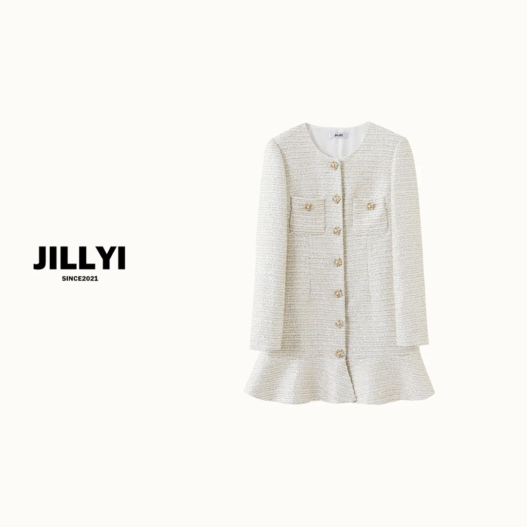 JILLYI珠海店【人鱼姬】纯色金扣鱼尾裙粗花呢连衣裙显瘦简约时尚秋