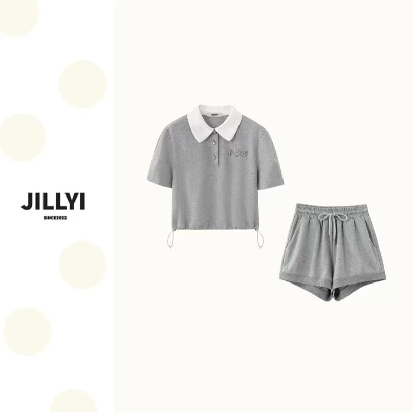 jillyi珠海店【运动少女】时尚气质超甜休闲灰色翻领手工运动套装