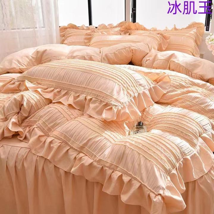 公主风泡泡纱床上四件套奶油色仙女床品非纯棉被套床单韩版宿舍