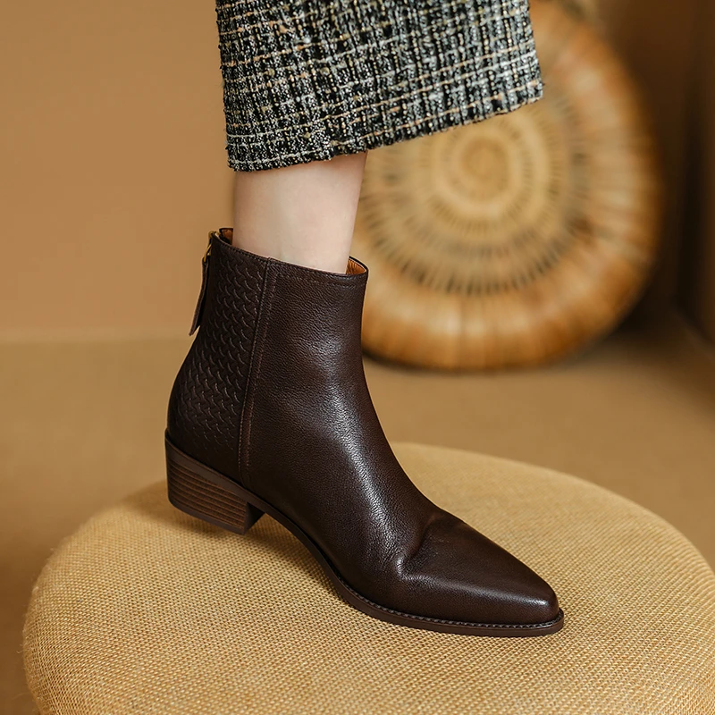 羊皮 跟高4CM 秋冬新款法式复古气质女人味粗跟中跟尖头短靴