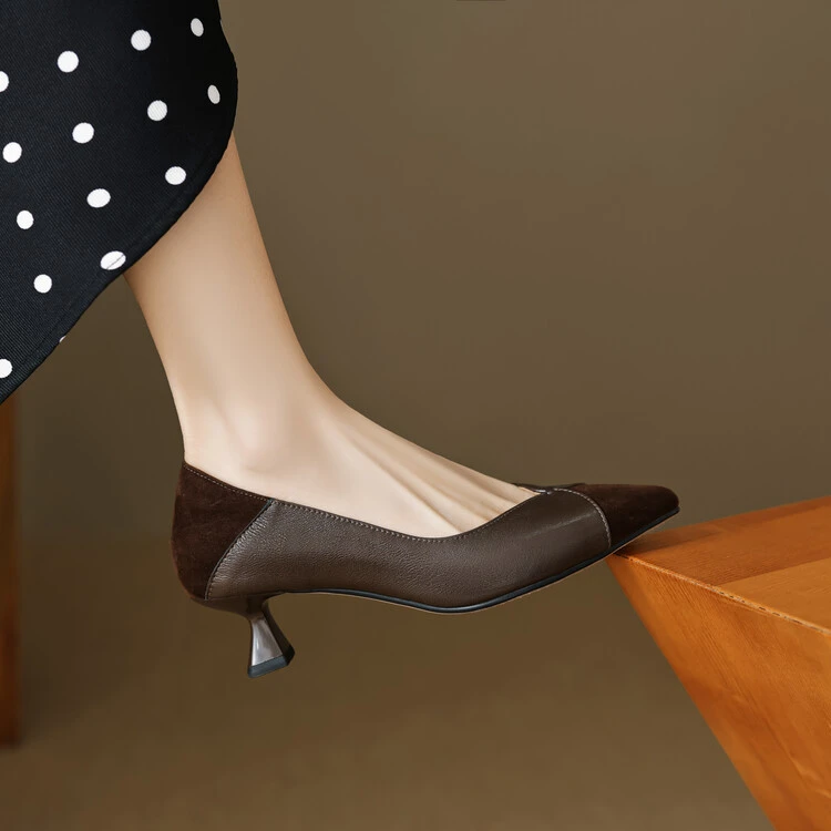 牛皮+羊反绒 5CM 春秋季新款中式气质酒杯跟拼色百搭浅口单鞋女