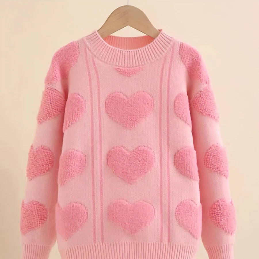 女童毛衣爱心条纹套头长袖小女孩宽松春秋装时尚休闲针织衫