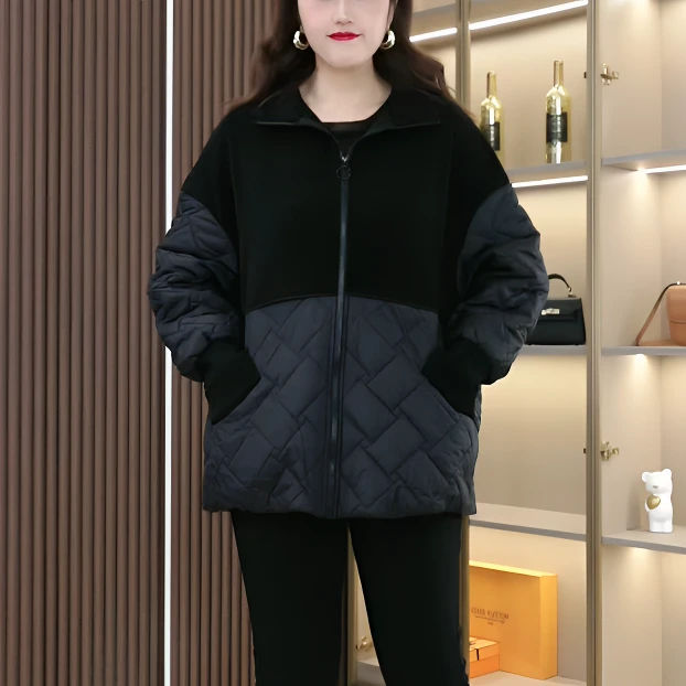 秋冬新菱形棉服显瘦洋气加厚立领拼接外套时尚休闲百搭宽松230808