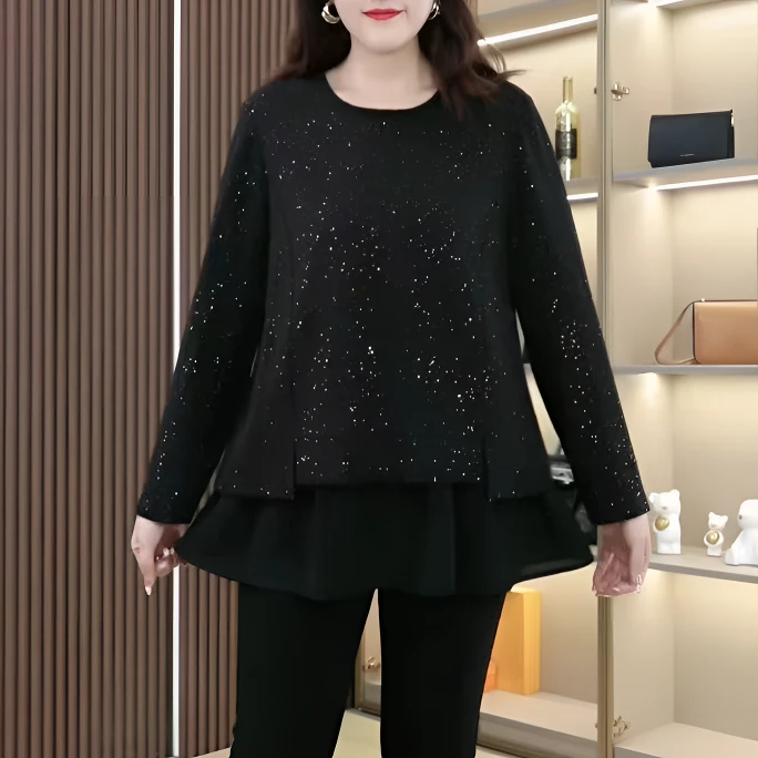 【现现】新款大码假两件时尚亮闪闪衬衫洋气百搭收腰显瘦遮肉241211