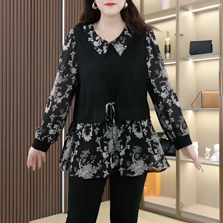 2025秋季新款大码女装假两件碎花气质拼接显瘦衬衫ZB6086