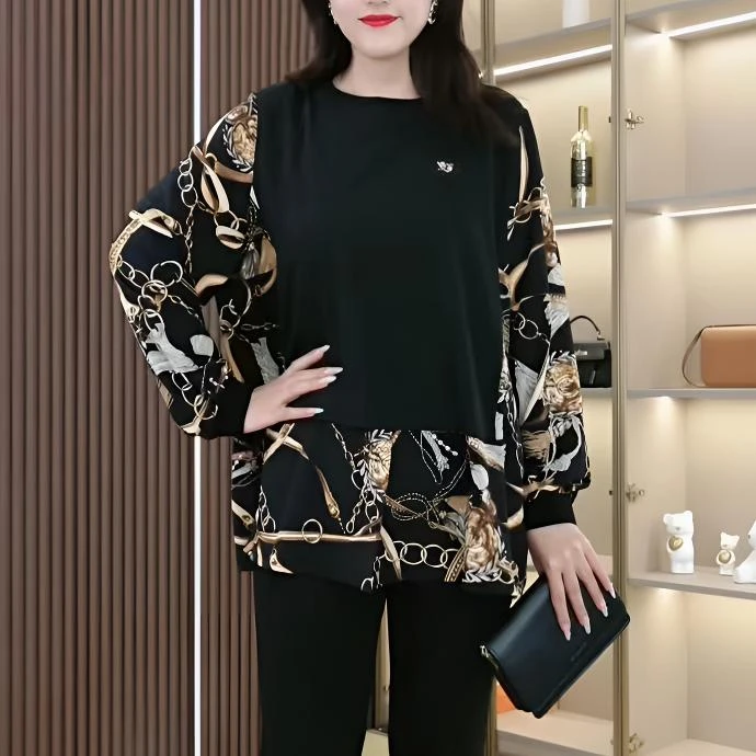 大码女装秋季新款拼接洋气高智淡人时尚宽松长袖上衣230099