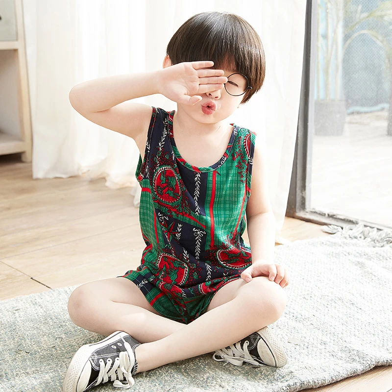 儿童绵绸套装夏季薄款中小童无袖背心短裤男童女童棉绸人造棉睡衣