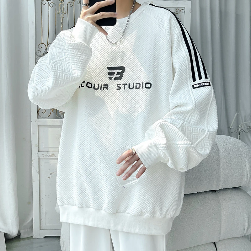 圆领无帽卫衣男春秋季2024新款白色内搭打底潮牌美式高街长袖上衣