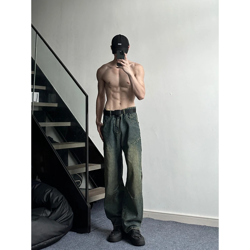 cleanfit复古蓝渐变痞帅牛仔裤腰带男潮oversize美式高街裤子秋季