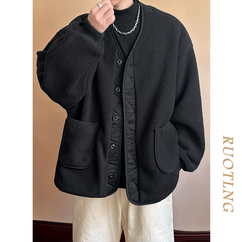 秋冬摇粒绒复古外套男时尚潮牌宽松保暖开衫卫衣休闲简约棉衣夹克