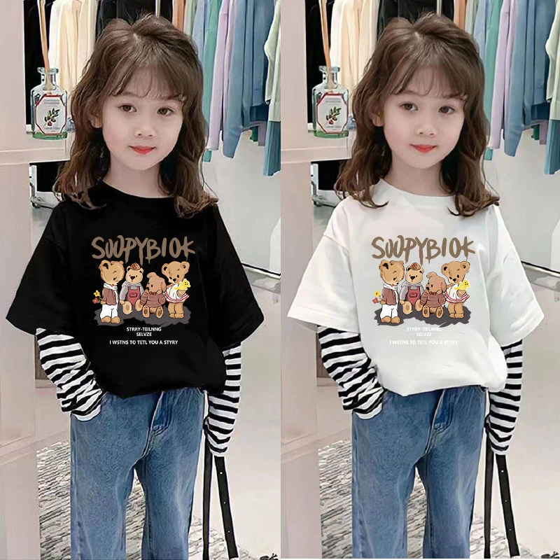 假两件女童秋季上衣长袖T恤2023新款早秋装女宝宝条纹儿童打底衫