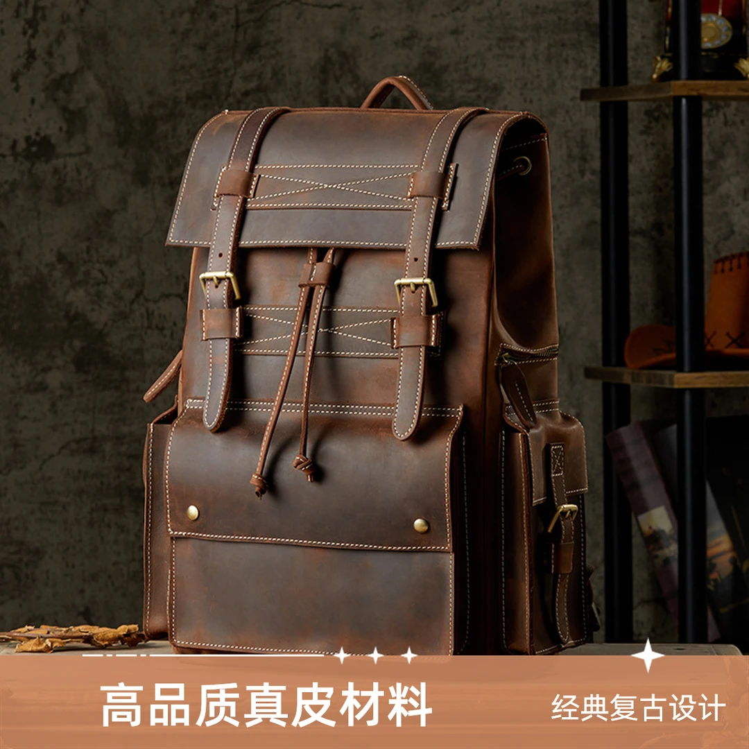 手工牛皮大容量双肩包男个性复古欧美休闲青年背包头层牛皮旅行包