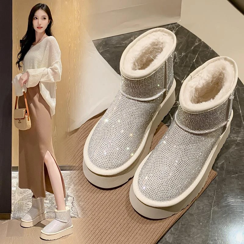 清廷牌水钻雪地靴女2023秋冬季满钻时尚防水防滑短靴东北加绒保暖