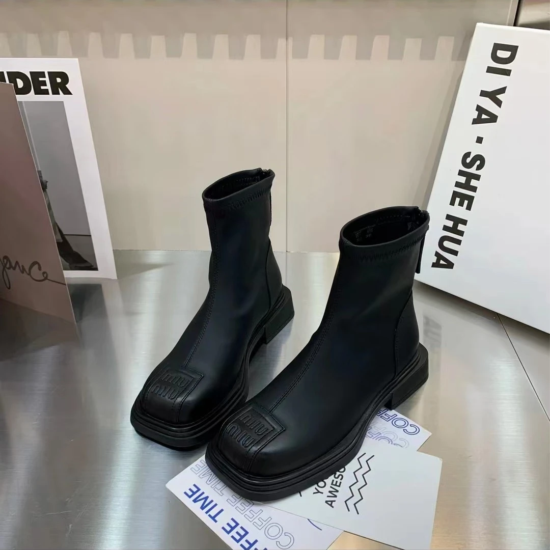 （薄绒）方头洋气女短靴秋季复古法式弹力靴时尚软底瘦瘦靴 106-5