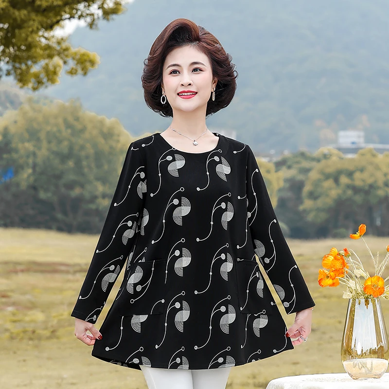 春秋中老年洋气宽松女装打底衫加肥加大码长袖T恤妈妈装洋气时尚