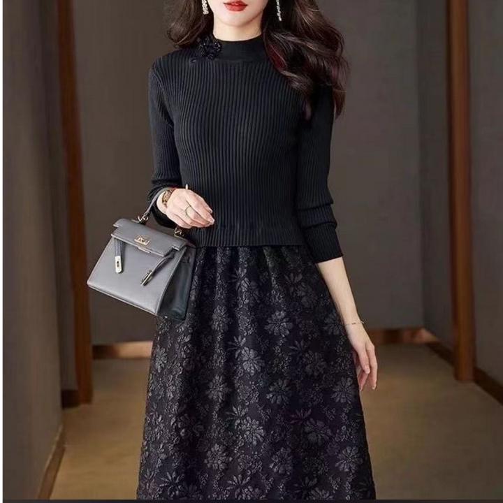 中长款针织假两件连衣裙