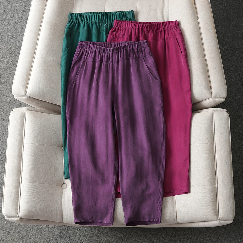 重磅铜氨丝女款七分裤夏季薄款大码九分休闲裤高腰宽松小脚哈伦裤