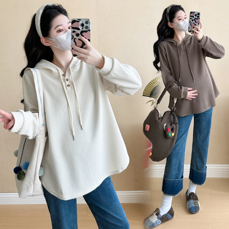 孕妇装秋季新款时尚连帽V领长袖宽松孕妇卫衣休闲百搭外穿上衣