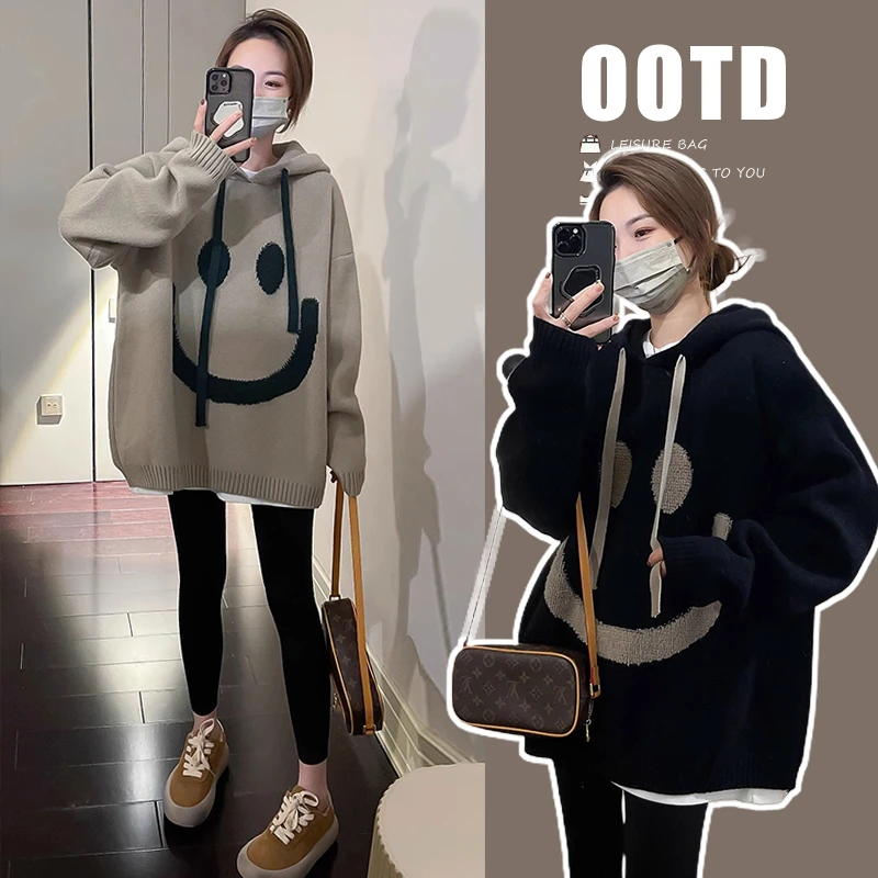 孕妇装秋冬时尚宽松大码孕妇毛衣慵懒风百搭笑脸连帽加厚孕妇上衣