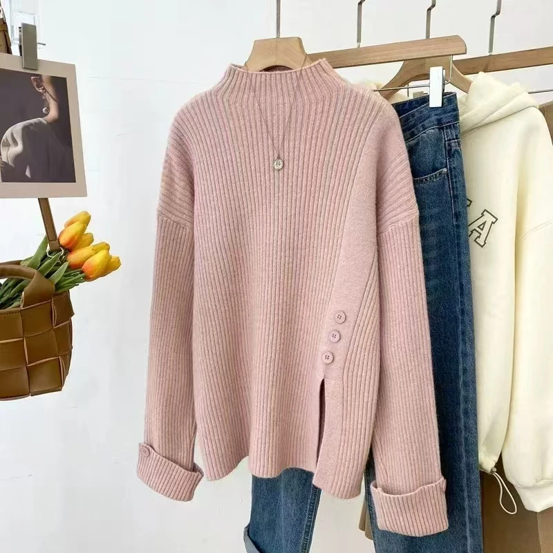 孕妇毛衣秋冬新款时尚显瘦半高领设计感宽松休闲开叉慵懒打底毛衣