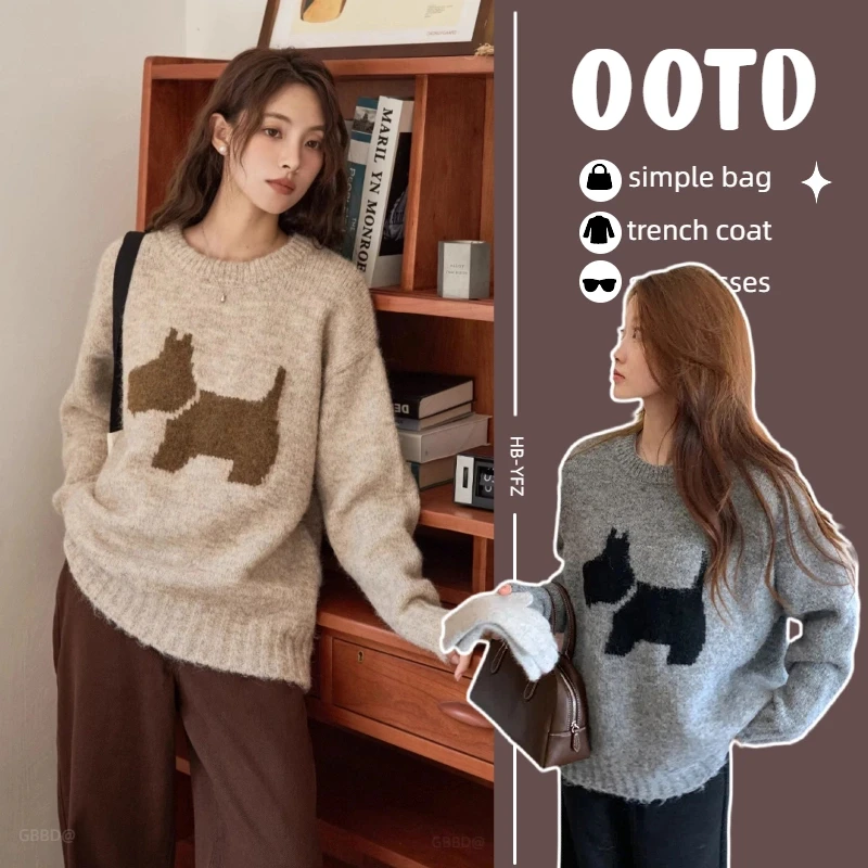 孕妇装秋冬新款时尚复古圆领套头毛衣慵懒风宽松针织衫上衣小狗