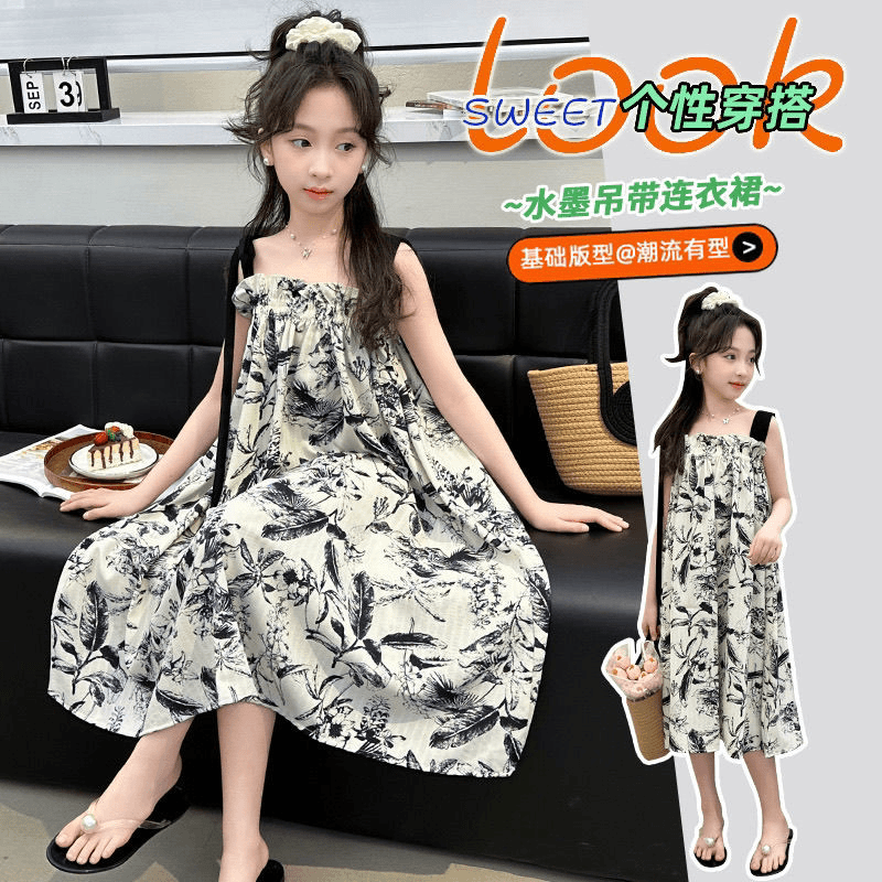 女童夏装连衣裙法式新款女大童洋气水墨画复古吊带裙子儿童公主裙