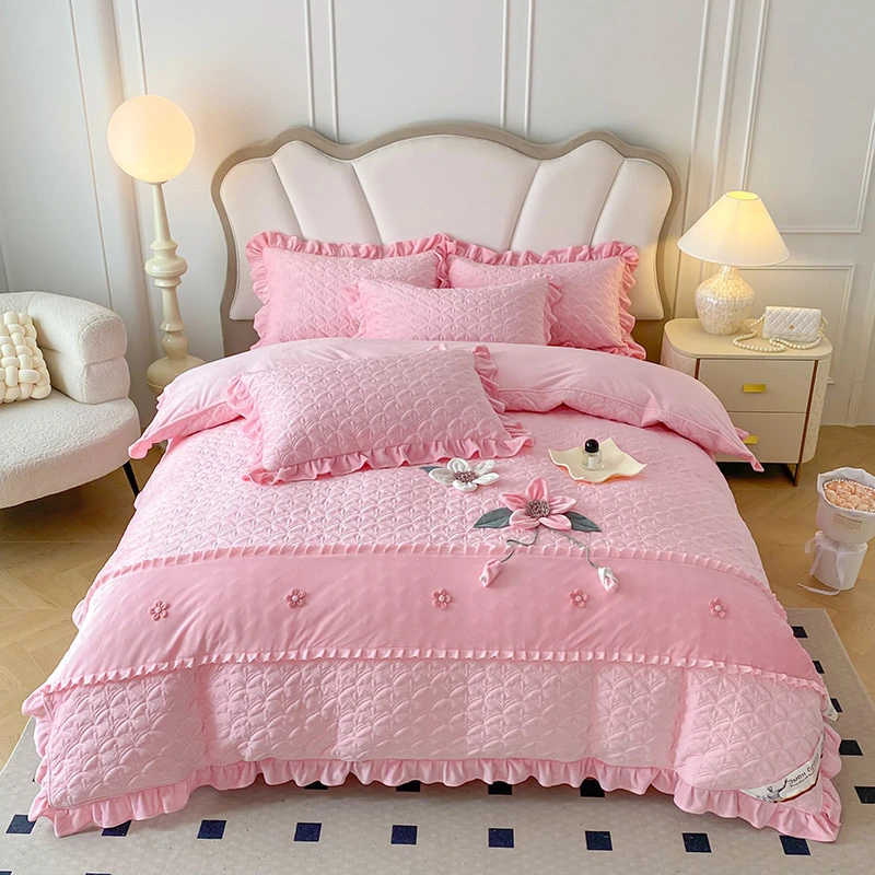韩版水晶绒夹棉床盖四件套公主风牛奶绒花边床单床罩加绒加厚被套