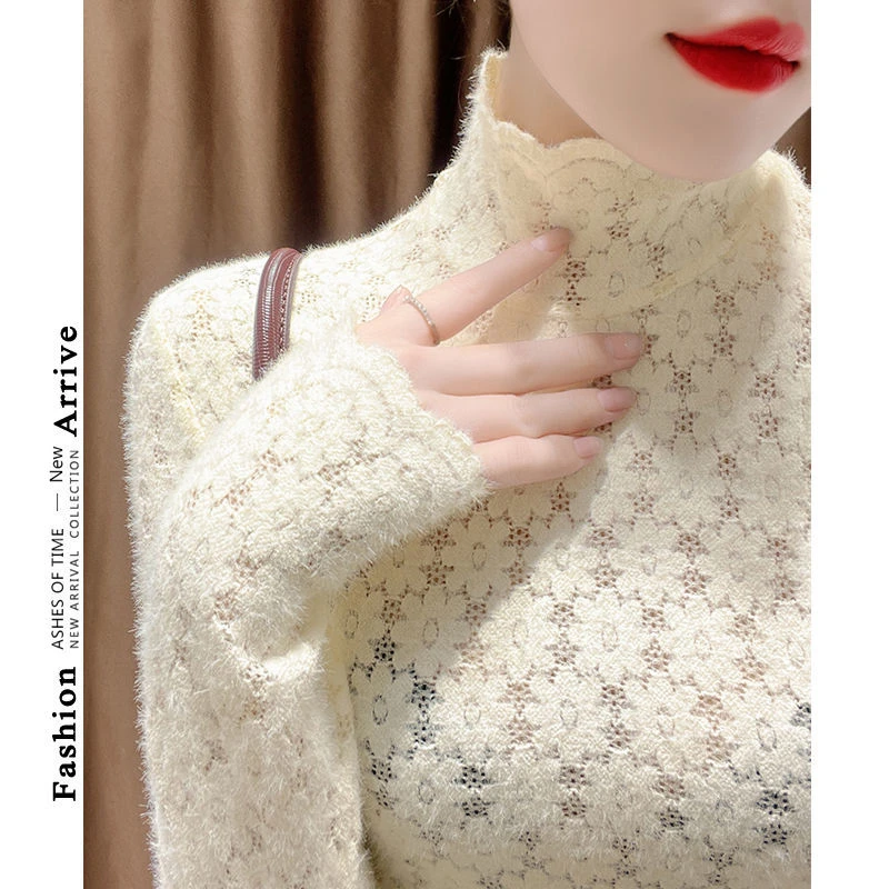 高领磨毛内搭加绒蕾丝打底衫女秋冬季新款高端洋气杏色网纱上衣女