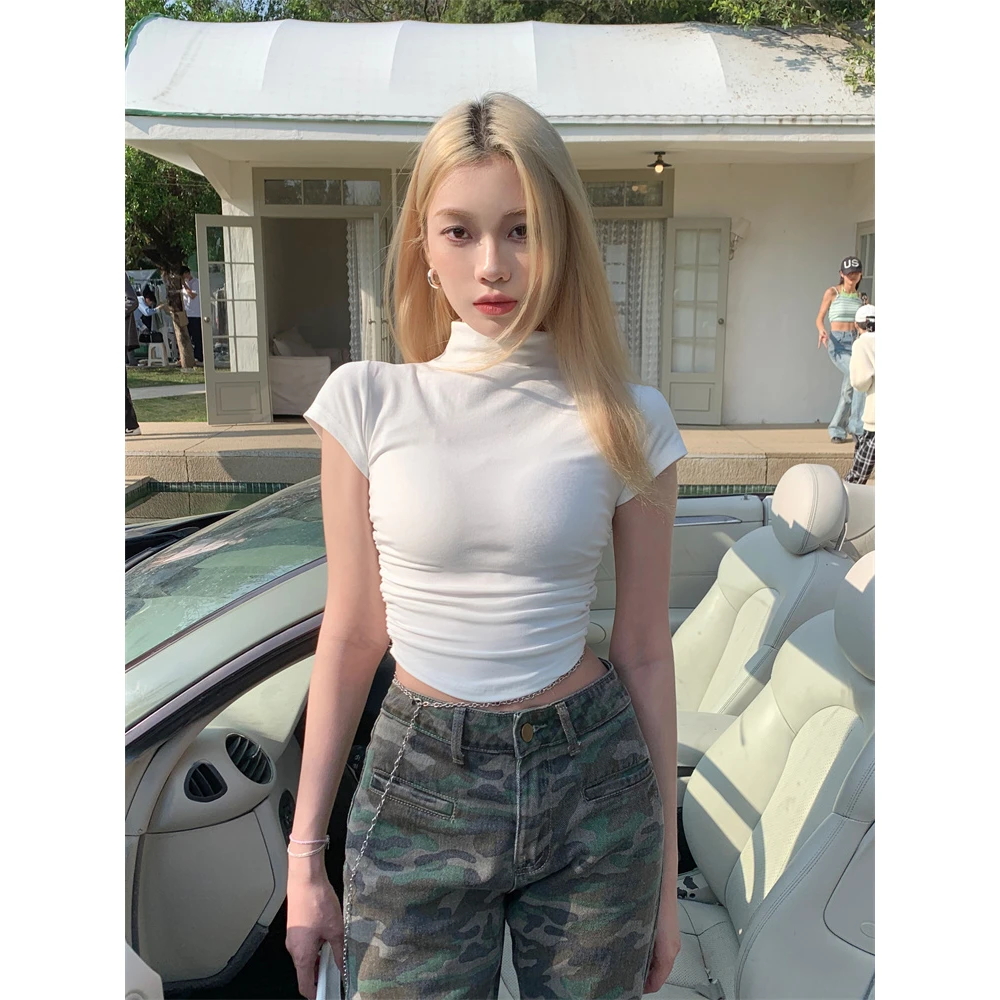 紧身辣妹纯色小高领短款T恤显瘦小众纯欲修身露脐白色百搭夏季ins