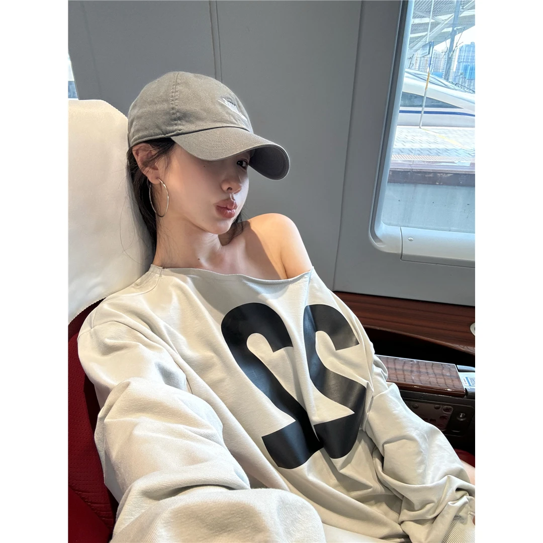 秋装2024美式复古数字22号数字印花卫衣大领口斜肩上衣宽松休闲女