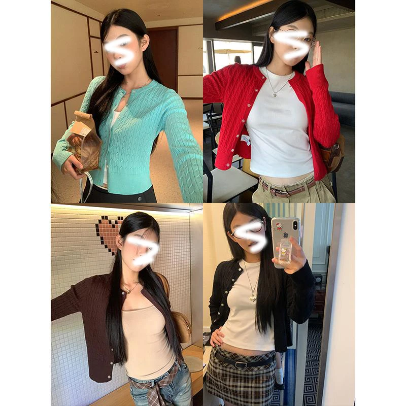 番茄妹妹Tomatosiste2024秋季显瘦短款麻花休闲百搭纯色针织衫女