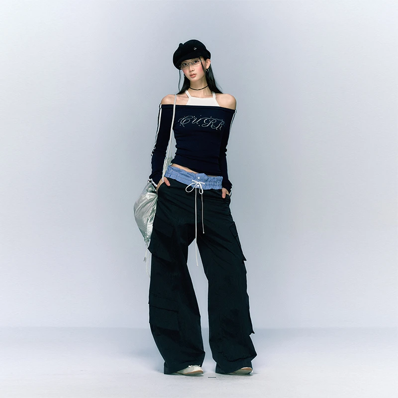 辣妹性感一字肩烫钻上衣秋季新款复古双腰头工装直筒阔腿裤两件套