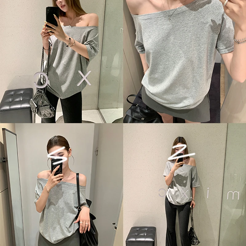 210克品质斜肩一字肩两穿T恤女显瘦休闲轻薄透气慵懒宽松女短袖
