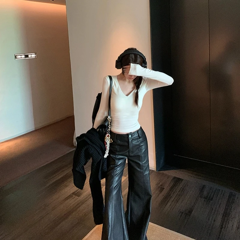 番茄妹妹Tomatosister 美式复古嬉皮士长裤休闲修身喇叭pu皮裤女