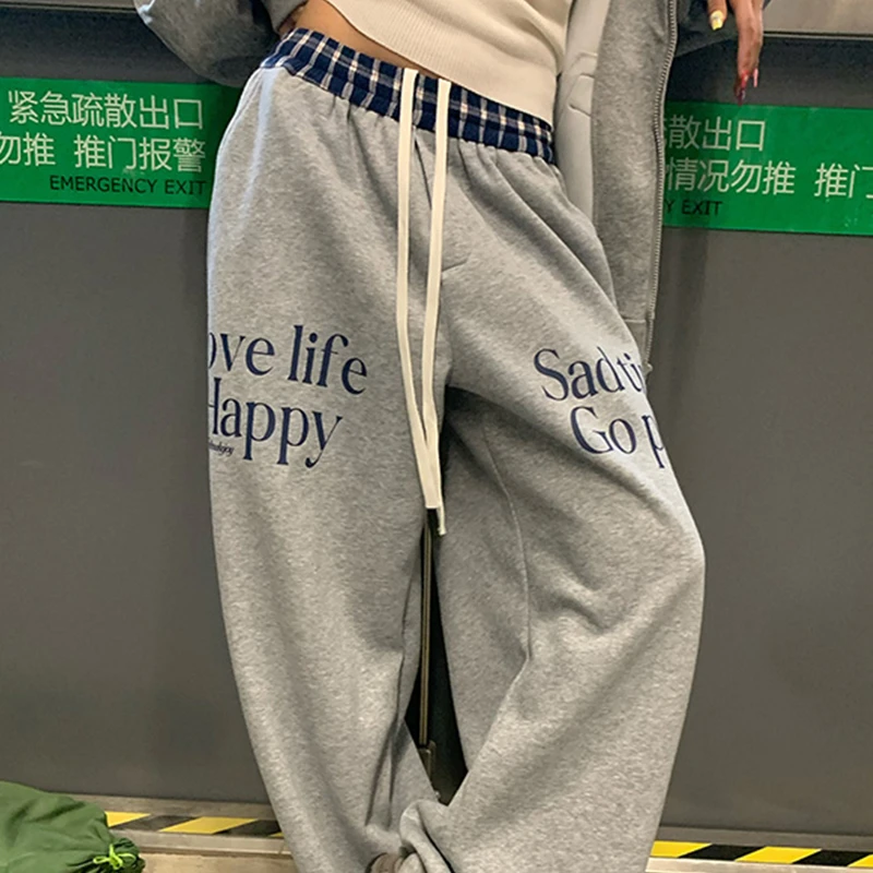 2024秋季新款美式腰头拼接抽绳卫裤女情侣宽松休闲运动阔腿直筒裤