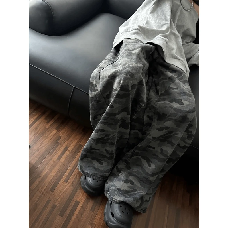 番茄妹妹Tomatosiste 早秋新款美式街头复古百搭迷彩阔腿牛仔裤女