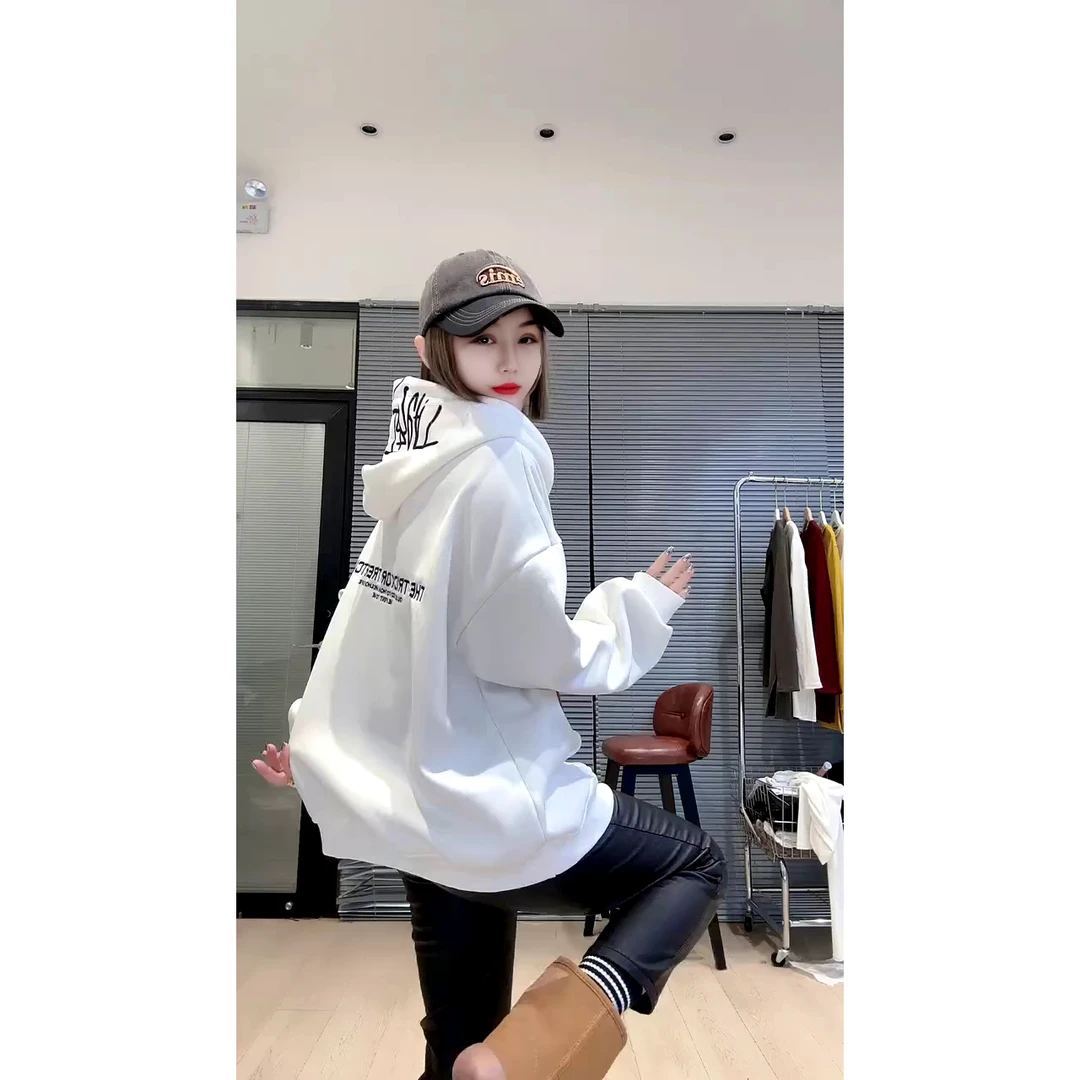 美式复古字母刺绣连帽卫衣女秋冬加绒宽松外套