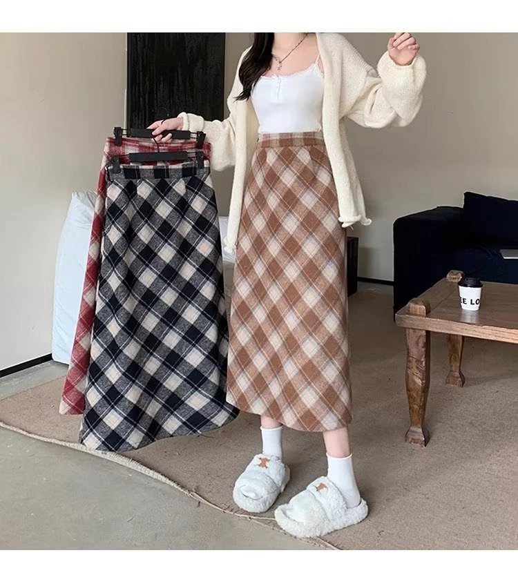 复古毛呢长款/短款半身裙女新款春秋小个子高腰显瘦A字包臀格子潮