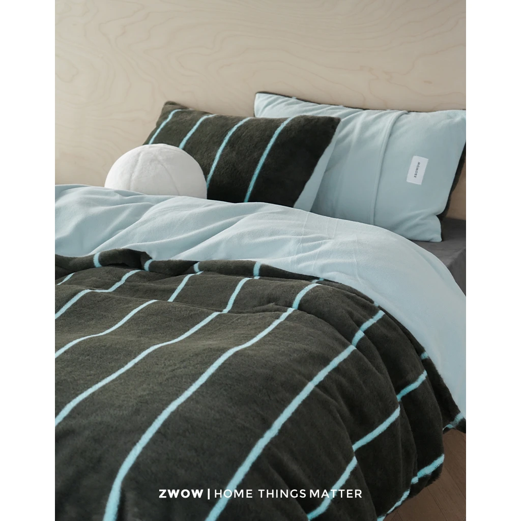 造卧zwow原创蓝黑条纹仿毛绒A类保暖快速升温四件套