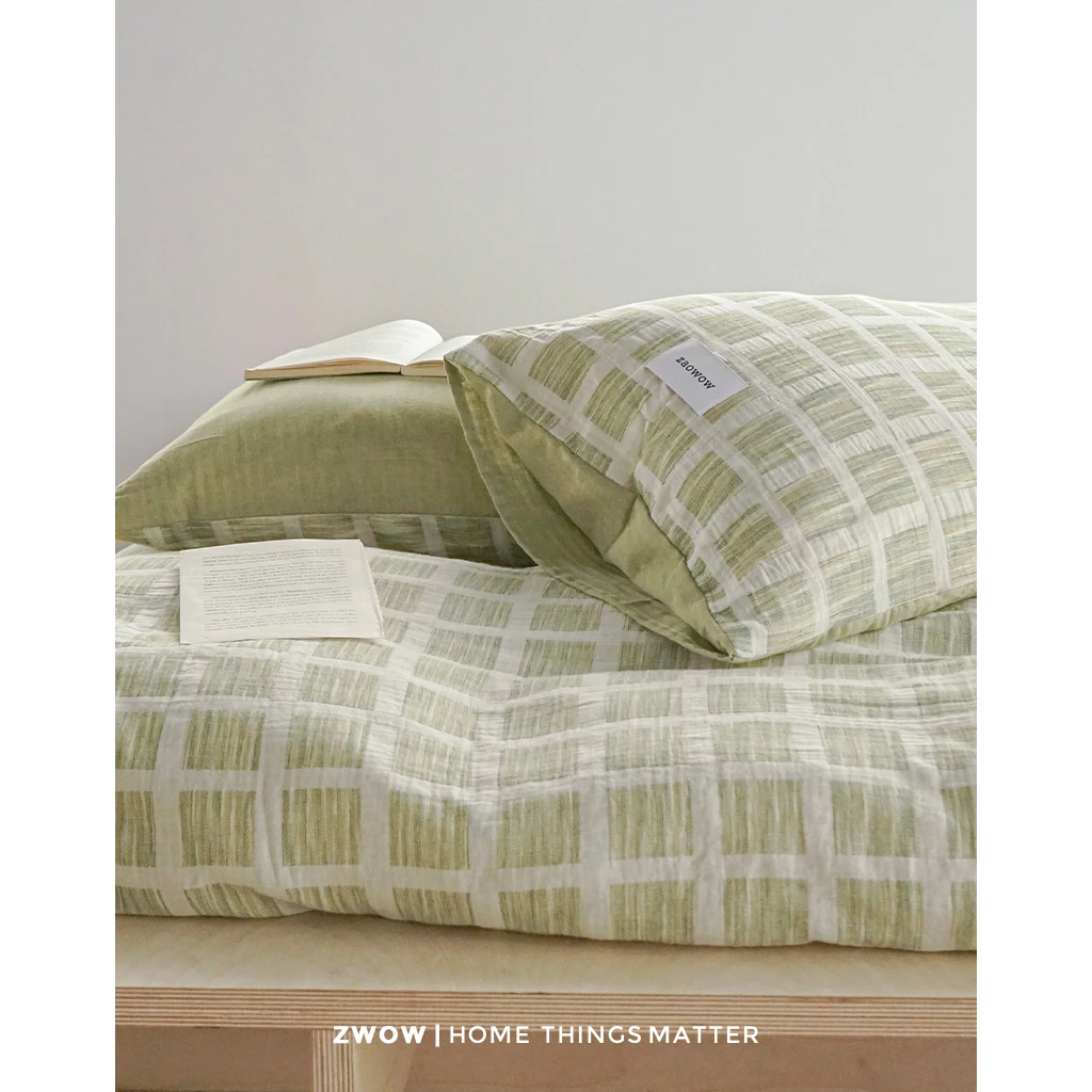 造卧zwow双层特种纱纯棉全棉100棉绿竹色格子纹A类新中式四件套