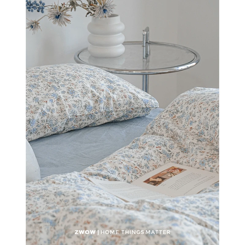 造卧zwow法式蓝花卉植物100全棉纯棉四件套